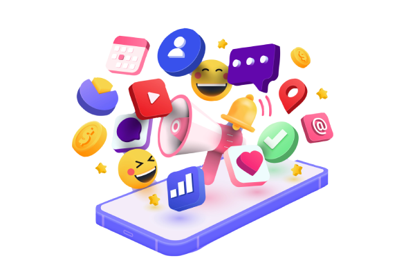 3D illustration of a phone surrounded by social media reactions